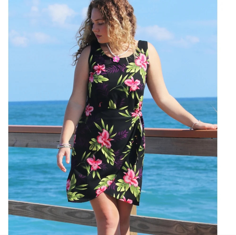 La Cabaña Faux Wrap Tie dress, Hawaiian floral tropical, Sundress Beach, sz M.